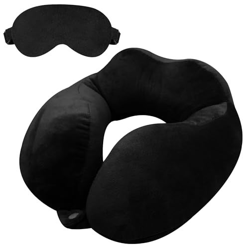 GREELI Rover Travel Neck Pillow – Soft Fiber Filled with Snap Button, Plush Fabric, for Flight, Bus, Car, Pain Relief (Black with Eye Mask) - Image 1