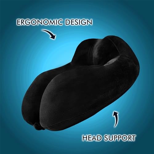 GREELI Rover Travel Neck Pillow – Soft Fiber Filled with Snap Button, Plush Fabric, for Flight, Bus, Car, Pain Relief (Black with Eye Mask) - Image 3