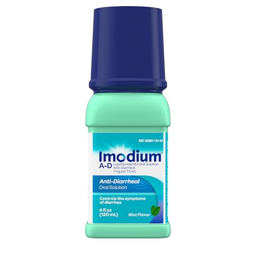 Imodium AD Liquid AntiDiarrheal Medicine with Loperamide Hydrochloride to Help Control Symptoms of Diarrhea Due to Acute Active Travelers Diarrhea Mint Flavor 4 fl oz