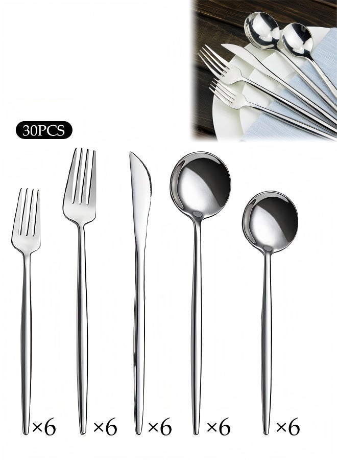 30-Piece Stainless Steel Knife Fork Spoon Full Set, Kitchen Cutlery Set, Texture-Free Western Tableware for Home, Kitchen, Restaurant, Hotel, Party Dining, Picnic, Dining, Exquisite Packaging Gift - Image 1