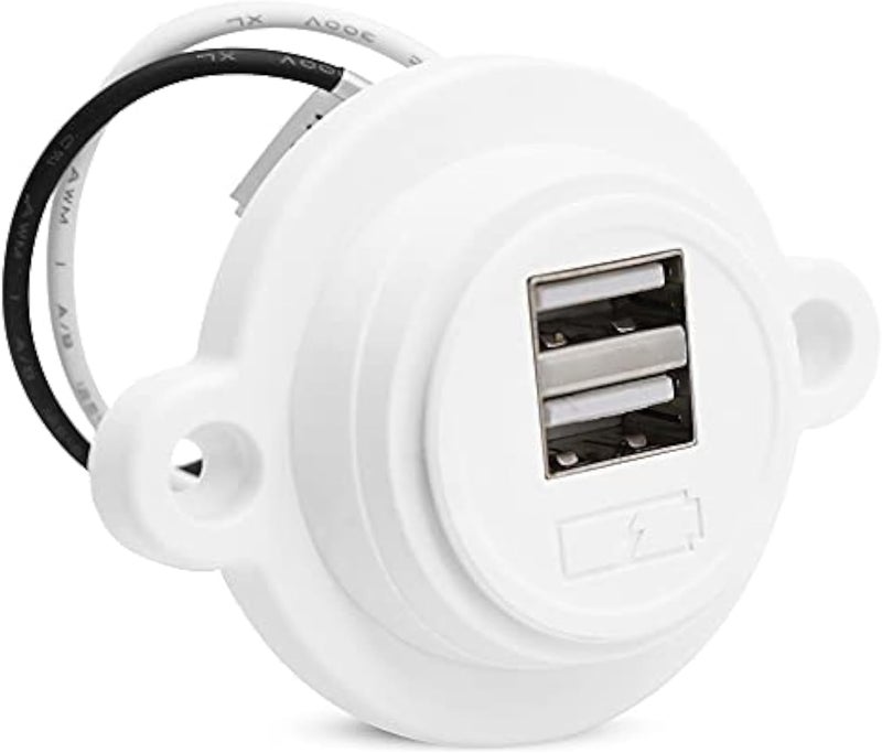 FACON مقبس شاحن USB 12V من فاكُن، مخرج USB مزدوج (5V / 2.4A)، تصميم نحيف جداً للتثبيت على الحائط لسيارات RV، مقطورات، مخيمات، قوارب، ومنازل بحرية متنقلة، أبيض - Image 1