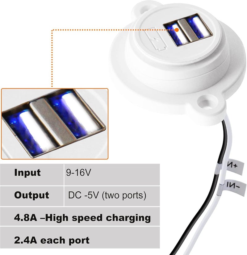 FACON مقبس شاحن USB 12V من فاكُن، مخرج USB مزدوج (5V / 2.4A)، تصميم نحيف جداً للتثبيت على الحائط لسيارات RV، مقطورات، مخيمات، قوارب، ومنازل بحرية متنقلة، أبيض - Image 4