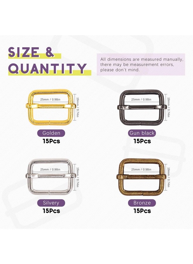 Swpeet Swpeet 60Pcs Heavy Duty 1 Inch / 25mm Metal Rectangle Adjuster Triglides Slides Buckle, Webbing Belts Buckle Metal Rings for for Belt Bags DIY Accessories Keychains - Sliver, Bronze, Gold, Gun-Black  - Image 2