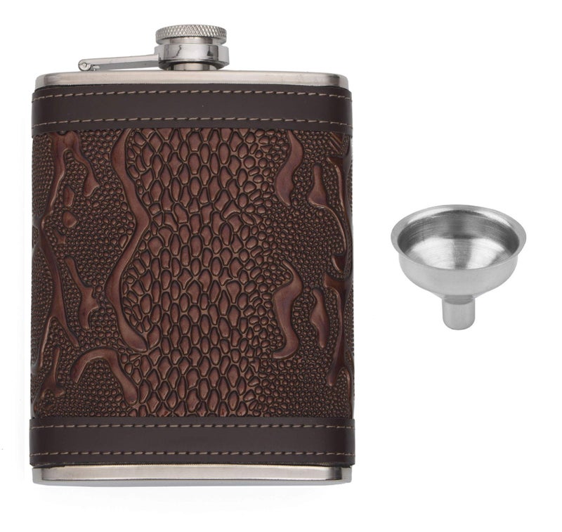 STORE 2508 Store2508 Hip Flask with Funnel Stainless Steel Body with Snake Skin Pattern PU Leather Cladding 8 Oz (236 ml) - Image 4