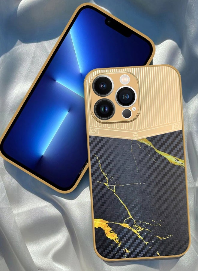 CATANES Luxury Gold Plated Case for iPhone 13 Pro Max - Hybrid Electroplated Frame Back Cover with Carbon Fiber Texture - Marble Pattern Black - Image 3