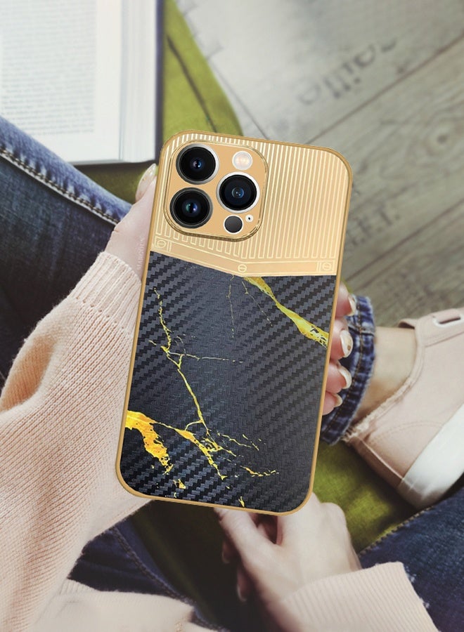 CATANES Luxury Gold Plated Case for iPhone 13 Pro Max - Hybrid Electroplated Frame Back Cover with Carbon Fiber Texture - Marble Pattern Black - Image 2