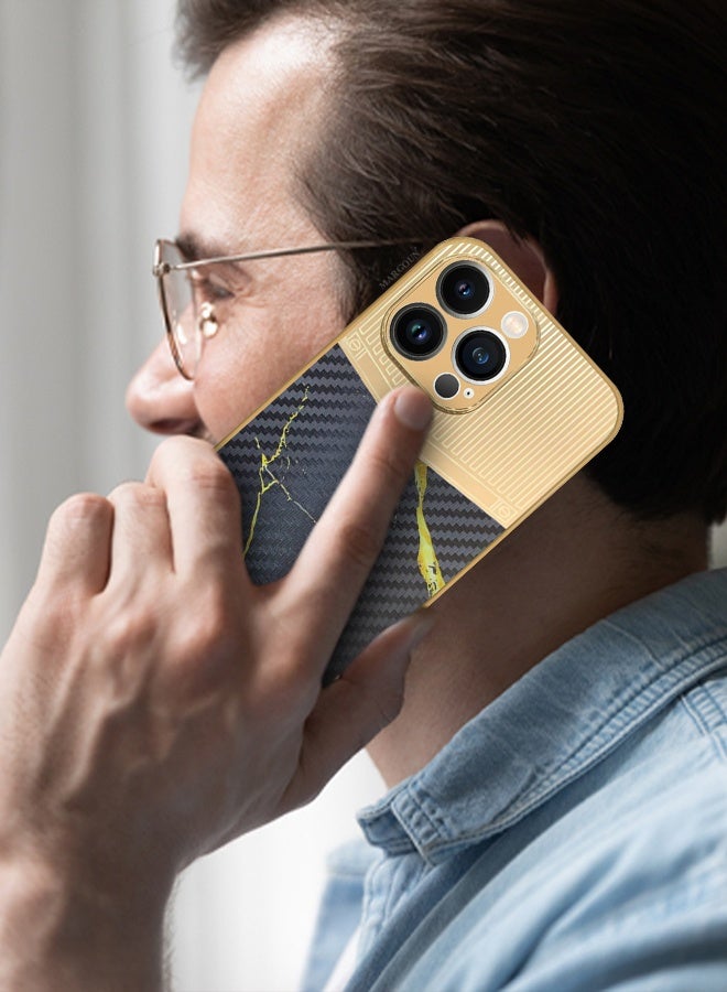CATANES Luxury Gold Plated Case for iPhone 13 Pro Max - Hybrid Electroplated Frame Back Cover with Carbon Fiber Texture - Marble Pattern Black - Image 4