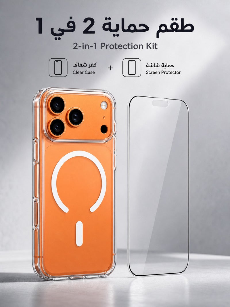 ORYXA iPhone 17 Pro Case, 2 IN 1 Magnetic Clear Phone Cover Compatible with MagSafe + Screen Protector, [Never Yellow] Slim Shockproof Full Protection for Apple iPhone 17 Pro, Crystal Clear - Image 2
