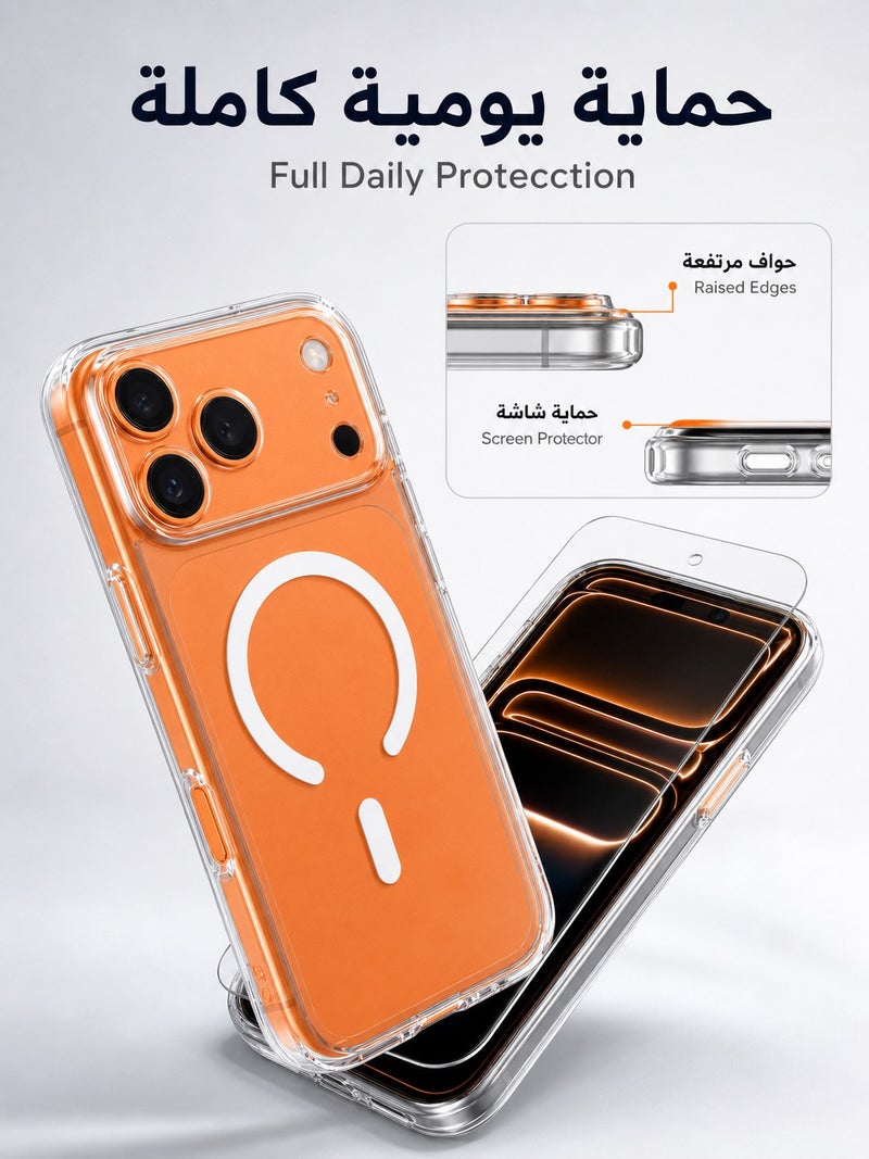 ORYXA iPhone 17 Pro Case, 2 IN 1 Magnetic Clear Phone Cover Compatible with MagSafe + Screen Protector, [Never Yellow] Slim Shockproof Full Protection for Apple iPhone 17 Pro, Crystal Clear - Image 5