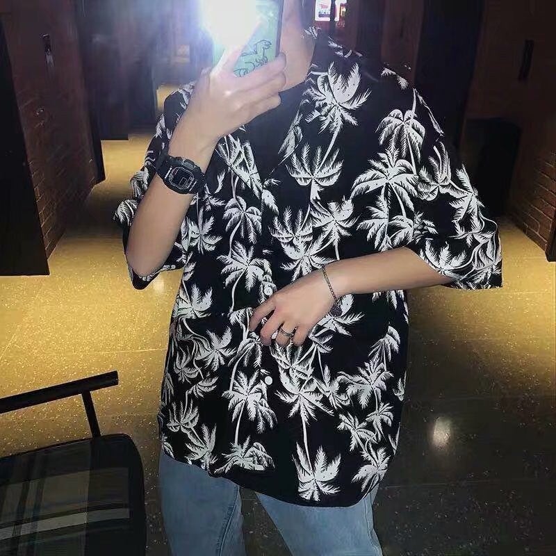 Ins Super Popular Floral Shirt Vintage Hong Kong Style Chic Short Sleeve Beach Vacation Hawaiian Floral Shirt For Lovers Same Style - Image 4