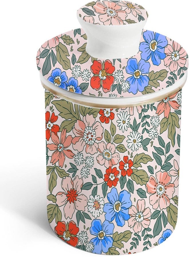 LEAZUL Ceramic Butter Dish With Vintage Pink Floral Print,Cute Flower French Butter Crock for Counter With Water Line Butter Container Keeper Storage Fresh Spreadable Butter with Lid for Home Décor - Image 1