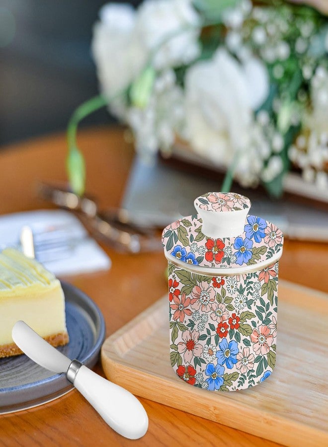 LEAZUL Ceramic Butter Dish With Vintage Pink Floral Print,Cute Flower French Butter Crock for Counter With Water Line Butter Container Keeper Storage Fresh Spreadable Butter with Lid for Home Décor - Image 4