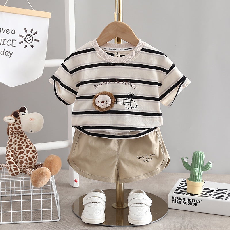 [Online low price] boys baby striped lion TikTok popular 2024 Summer new short sleeve summer wear suit Black