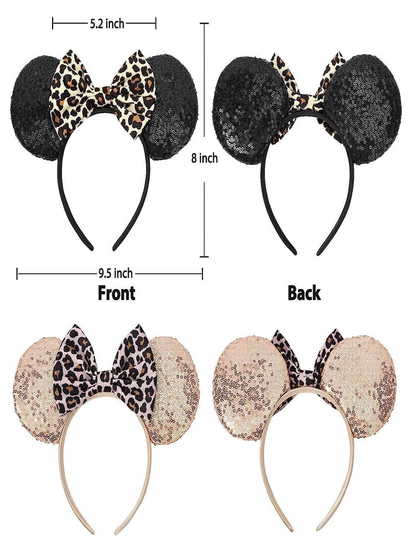 Mouse Ears Headbands 2Pcs Leopard Cheetah Mouse Ears Glitter Leopard Print Headbands for Women Girls Sequin Animal Ears Bow Headband for Cosplay Costume Amusement Park Hair Accessories - Image 5