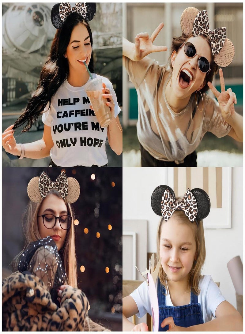 Mouse Ears Headbands 2Pcs Leopard Cheetah Mouse Ears Glitter Leopard Print Headbands for Women Girls Sequin Animal Ears Bow Headband for Cosplay Costume Amusement Park Hair Accessories - Image 2