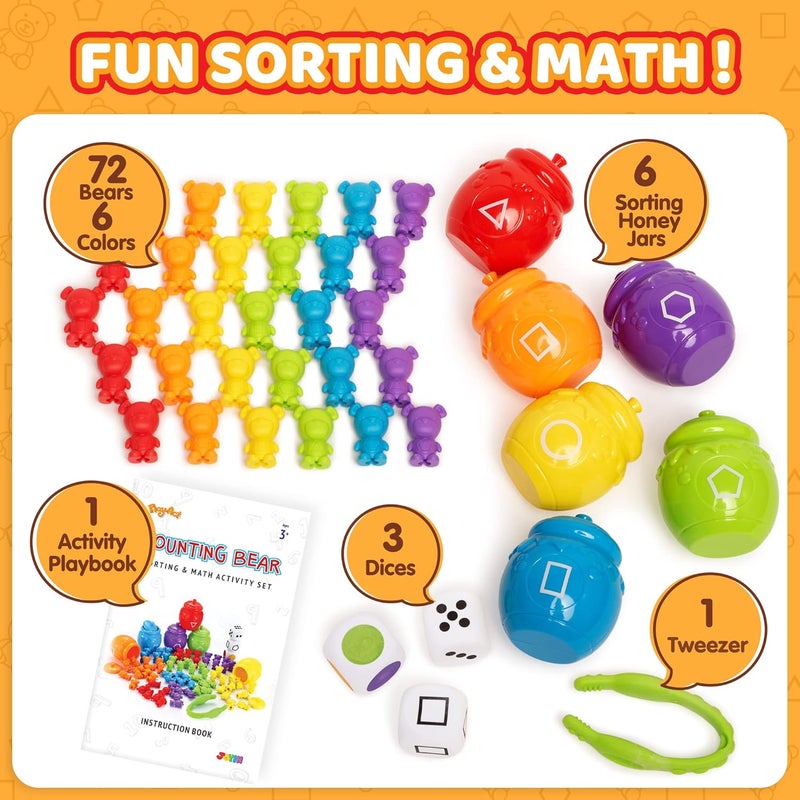 JOYIN Rainbow Counting Bears with Matching Sorting Cups - 83 Pcs Set Learning Toys for Kids Age 3+, Number Sorting, Color Recognition, Tweezers, Dice, Instruction Book, Educational Gift - Image 3
