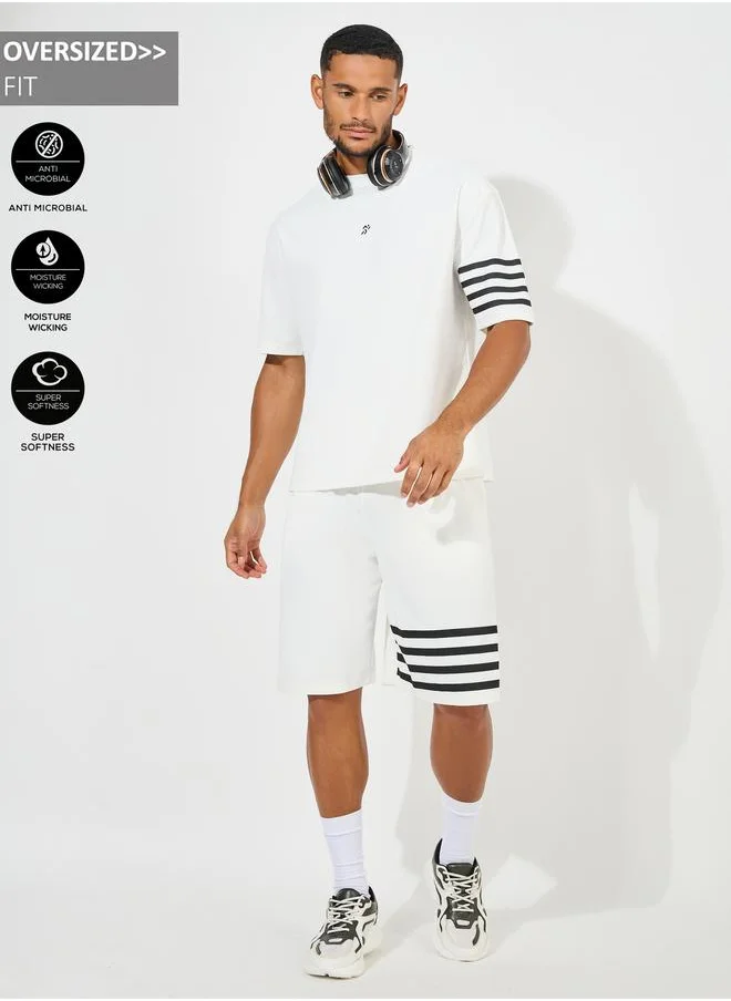 Styli Styli Oversized Stretch Pique Knit T-Shirt and Striped Shorts Set