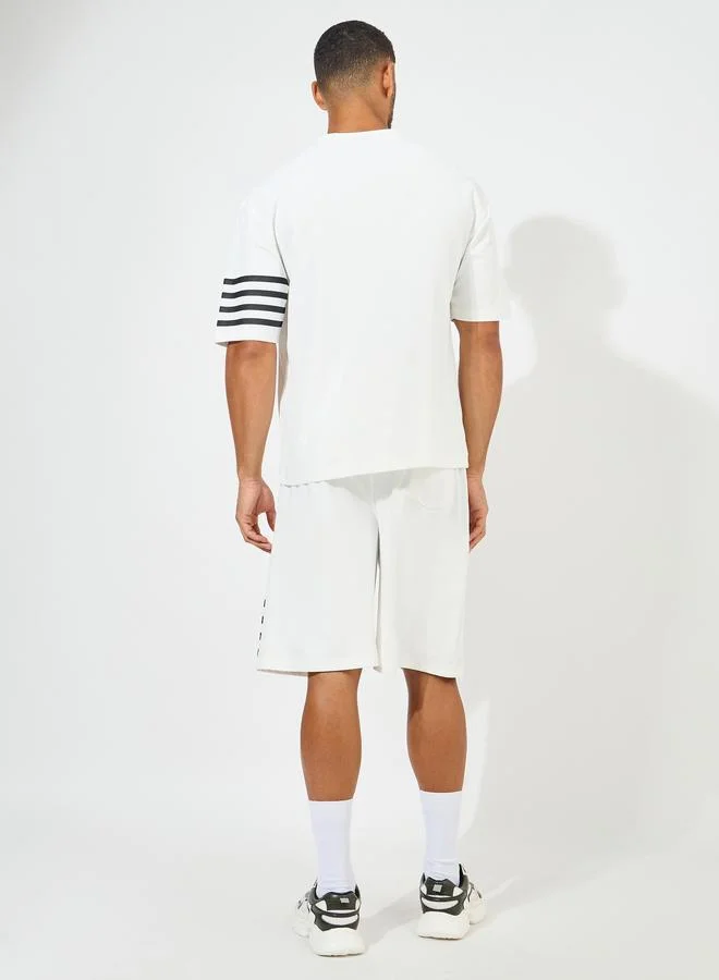 Styli Styli Oversized Stretch Pique Knit T-Shirt and Striped Shorts Set