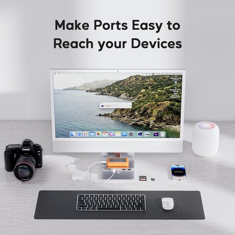 PULWTOP إكسسوارات iMac لأجهزة i-Mac 2021/2023/2024، محور USB C من لـ iMac مع USB A/C 10 جيجابت/ثانية، محور لـ M1/M3/M4، منفذي USB A 2.0، قارئ بطاقات SD/TF لـ iMac 24 بوصة وشاشة Studio Display 2 (فضي) - Image 4