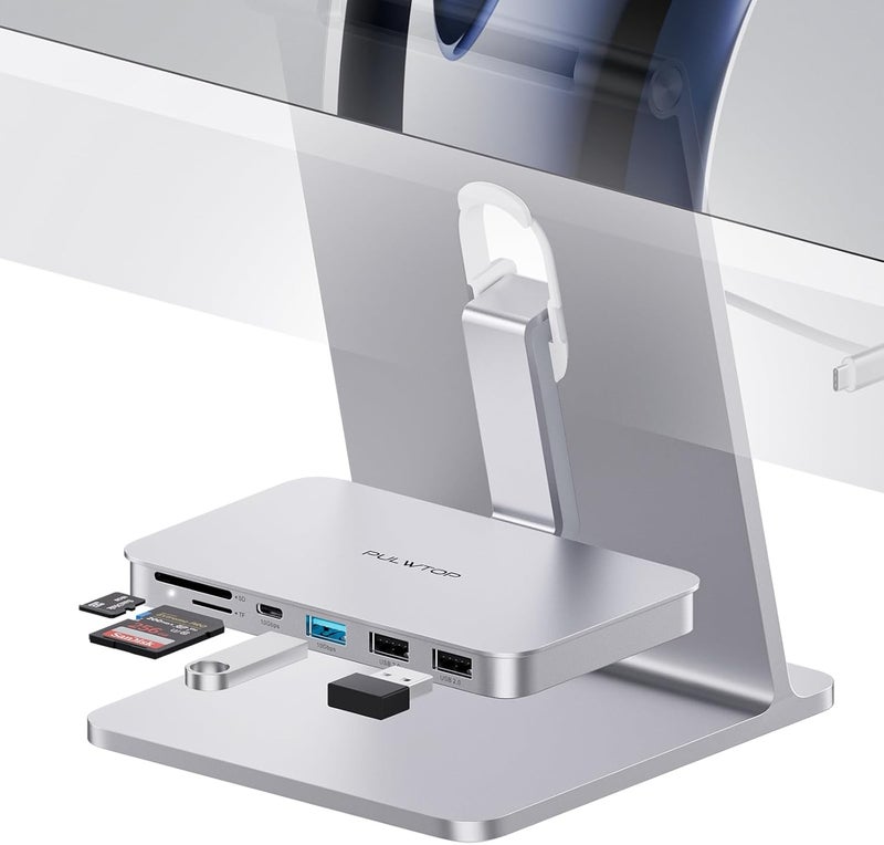 PULWTOP إكسسوارات iMac لأجهزة i-Mac 2021/2023/2024، محور USB C من لـ iMac مع USB A/C 10 جيجابت/ثانية، محور لـ M1/M3/M4، منفذي USB A 2.0، قارئ بطاقات SD/TF لـ iMac 24 بوصة وشاشة Studio Display 2 (فضي) - Image 1
