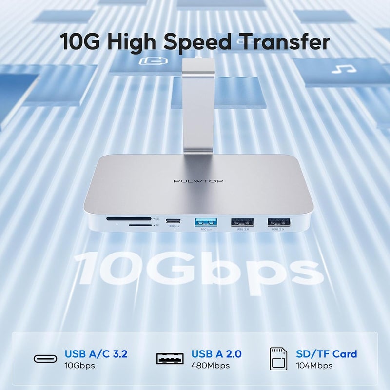 PULWTOP إكسسوارات iMac لأجهزة i-Mac 2021/2023/2024، محور USB C من لـ iMac مع USB A/C 10 جيجابت/ثانية، محور لـ M1/M3/M4، منفذي USB A 2.0، قارئ بطاقات SD/TF لـ iMac 24 بوصة وشاشة Studio Display 2 (فضي) - Image 5