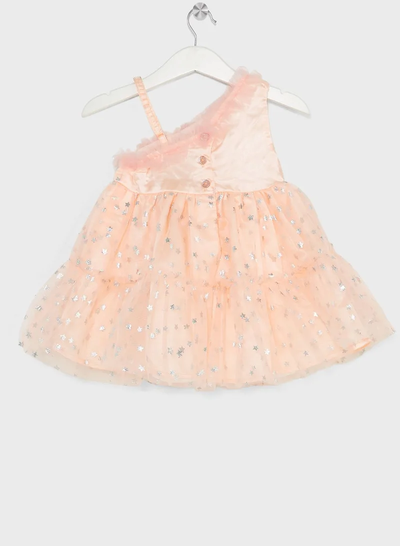 Nautinati Nauti Nati Girls Peach Embellished One Shoulder Fit & Flare Net Dress