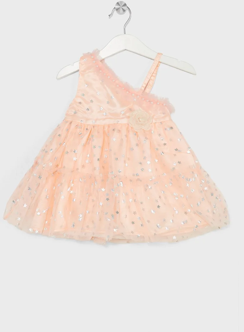 Nautinati Nauti Nati Girls Peach Embellished One Shoulder Fit & Flare Net Dress