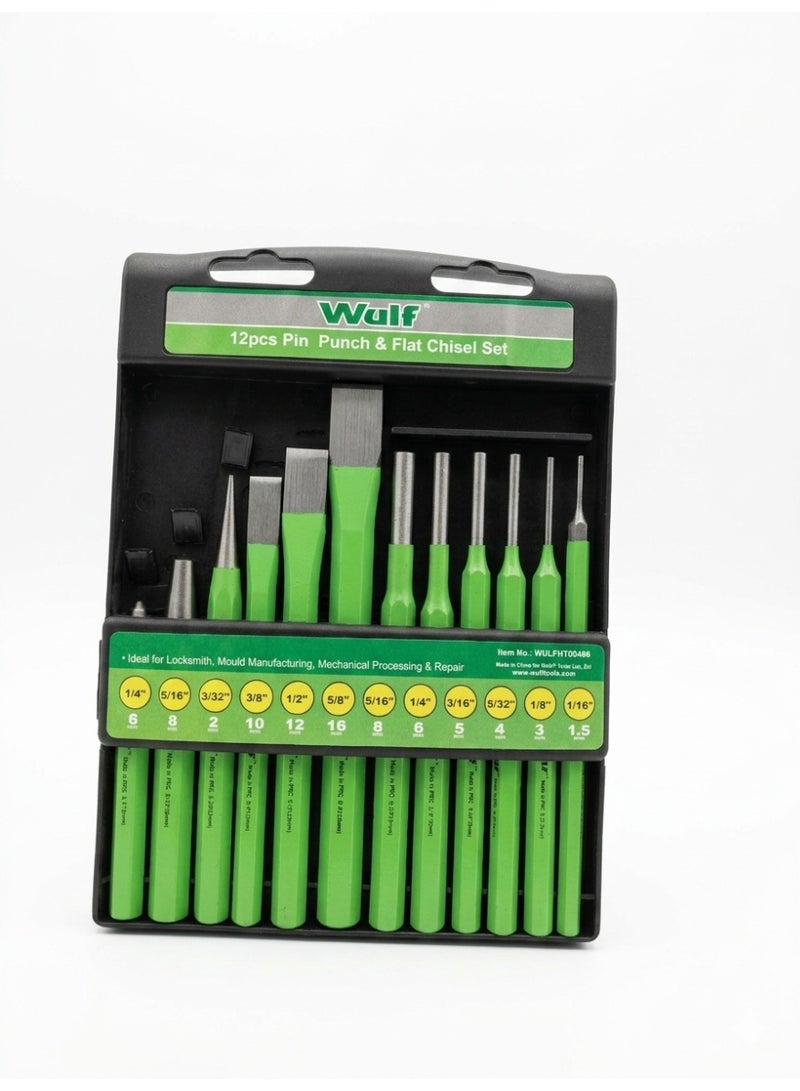 Wulf 12PCS Pin Punch & Flat Chisel Set Heavy Duty Steel Punch Tool Kit with Storage Case for Metal Wood Mechanical Repair Automotive Construction Hand Tool Set
