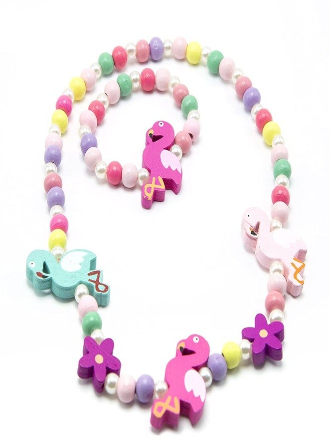 El Regalo Kids/Toddlers/Girls Wooden Beads Handmade Necklace & Bracelet Jewelry Sets (1 Necklace & 1 Bracelet) : Kids Princess Jewelry Set (Flamingo Kids Jewelry Set) - Image 1