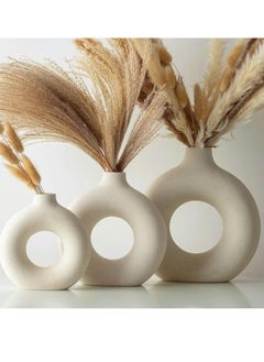 Beige Ceramic Vases For Home Decor Set Of 3 -Modern Donut Vase Circle Round For Pampas Grass Artificial Flowers, Boho Decor Living Room Table Centerpieces Dining Bedroom Shelf Farmhouse Decorations 3