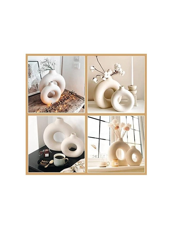 Generic - Beige Ceramic Vases For Home Decor Set Of 3 -Modern Donut Vase Circle Round For Pampas Grass Artificial Flowers, Boho Decor Living Room Table Centerpieces Dining Bedroom Shelf Farmhouse Decorations 3 - Image 1