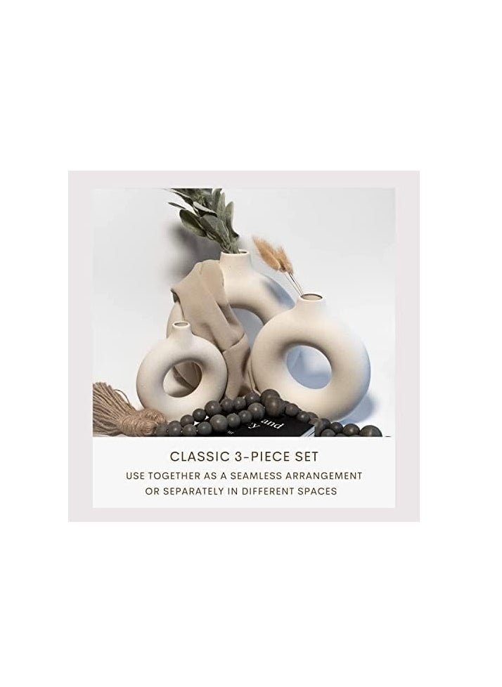 Generic - Beige Ceramic Vases For Home Decor Set Of 3 -Modern Donut Vase Circle Round For Pampas Grass Artificial Flowers, Boho Decor Living Room Table Centerpieces Dining Bedroom Shelf Farmhouse Decorations 3 - Image 1