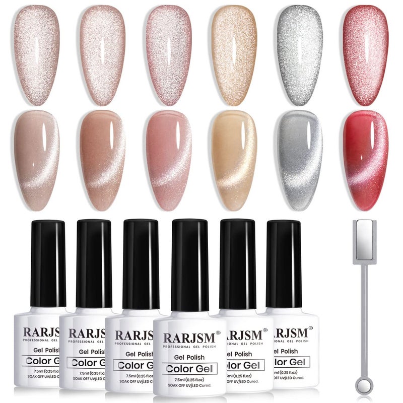 RARJSM Cat Eye Gel Nail Polish Set Silver Glitter Nude Purple Pink Red Champagne Gold Brown 6 Colors 9D Galaxy Velvet Ice Jelly Gel Polish with Magnet Stick UV LED Curing Requires Soak Off Home Salon - Image 2