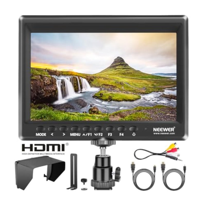 F100 7 بوصة 1280 × 800 IPS مجال كاميرا مع كبل HDMI صغير لكابل BMPCC AV لـ FPV 16:10 أو 4:3 نسبة عرض قابلة للتعديل لبطارية Sony Canon Nikon Olympus غير متضمنة مدخل HDMI 1080p، مظلة شمسية، رأس كروي لكاميرات DSLR، مثبت محمول، جهاز صنع فيديو الأفلام، البطارية غير متضمنة - Image 1
