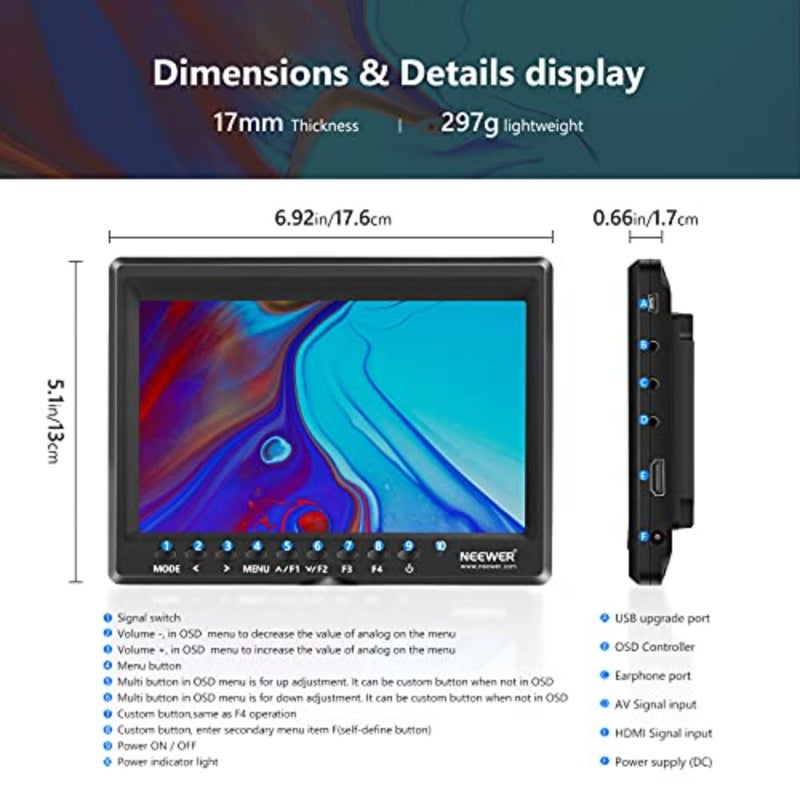 F100 7 بوصة 1280 × 800 IPS مجال كاميرا مع كبل HDMI صغير لكابل BMPCC AV لـ FPV 16:10 أو 4:3 نسبة عرض قابلة للتعديل لبطارية Sony Canon Nikon Olympus غير متضمنة مدخل HDMI 1080p، مظلة شمسية، رأس كروي لكاميرات DSLR، مثبت محمول، جهاز صنع فيديو الأفلام، البطارية غير متضمنة - Image 2
