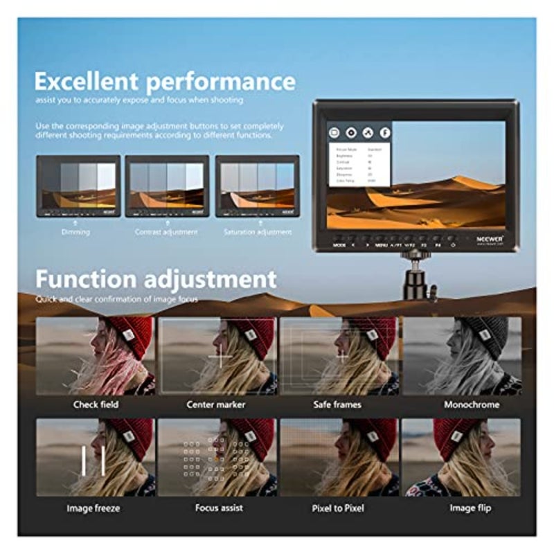 F100 7 بوصة 1280 × 800 IPS مجال كاميرا مع كبل HDMI صغير لكابل BMPCC AV لـ FPV 16:10 أو 4:3 نسبة عرض قابلة للتعديل لبطارية Sony Canon Nikon Olympus غير متضمنة مدخل HDMI 1080p، مظلة شمسية، رأس كروي لكاميرات DSLR، مثبت محمول، جهاز صنع فيديو الأفلام، البطارية غير متضمنة - Image 4