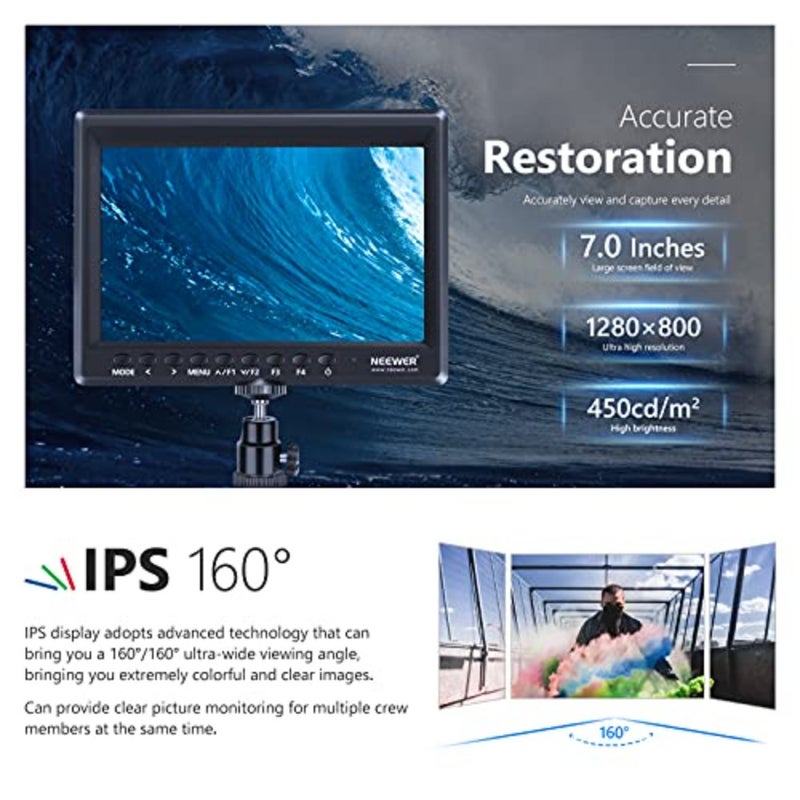 F100 7 بوصة 1280 × 800 IPS مجال كاميرا مع كبل HDMI صغير لكابل BMPCC AV لـ FPV 16:10 أو 4:3 نسبة عرض قابلة للتعديل لبطارية Sony Canon Nikon Olympus غير متضمنة مدخل HDMI 1080p، مظلة شمسية، رأس كروي لكاميرات DSLR، مثبت محمول، جهاز صنع فيديو الأفلام، البطارية غير متضمنة - Image 3
