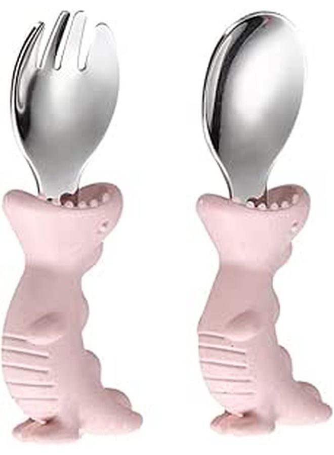 2Pcs Dinosaur Shaped Stainless Steel Kids Fork And Spoon Set For Boys And Girls - Image 1