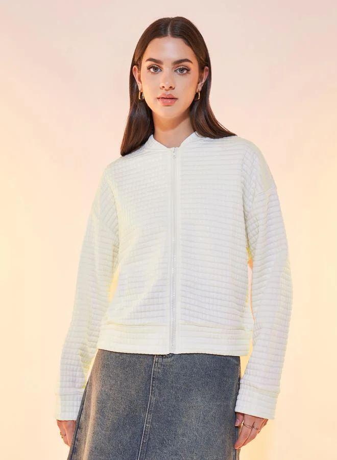 Take Two Textured Zip Up Bomber Jacket with Dropped Shoulder