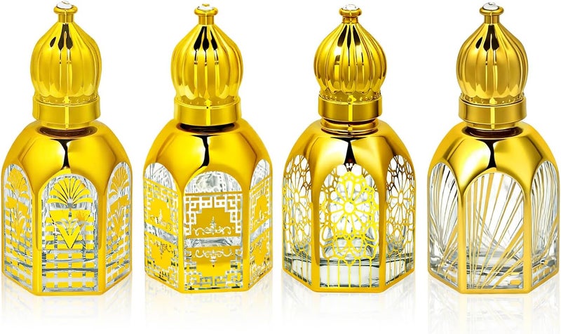 روز فلاور زجاجات برولر من RoseFlower للزيوت العطرية (سعة 12 مل/0.4 أونصة)، عبوة تحتوي على 4 زجاجات قابلة لإعادة التعبئة، مناسبة للزيوت العطرية والعطور والعلاج بالروائح العطرية، ومثالية للاستخدام أثناء السفر، بتصميم عربي عتيق. - Image 1