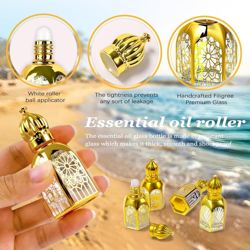 روز فلاور زجاجات برولر من RoseFlower للزيوت العطرية (سعة 12 مل/0.4 أونصة)، عبوة تحتوي على 4 زجاجات قابلة لإعادة التعبئة، مناسبة للزيوت العطرية والعطور والعلاج بالروائح العطرية، ومثالية للاستخدام أثناء السفر، بتصميم عربي عتيق. - Image 3