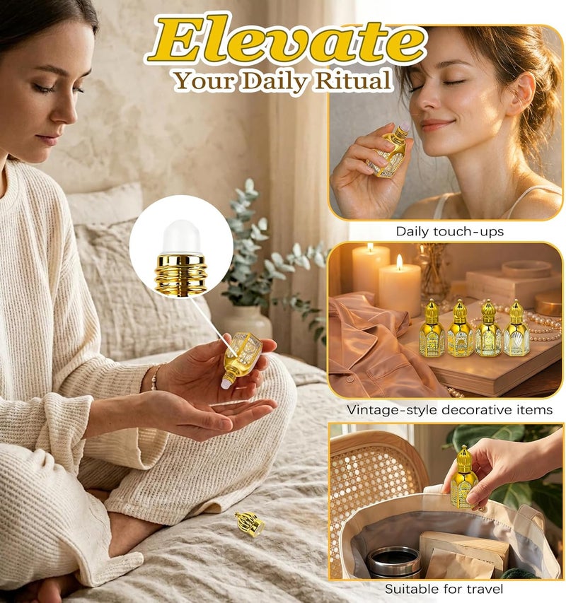 روز فلاور زجاجات برولر من RoseFlower للزيوت العطرية (سعة 12 مل/0.4 أونصة)، عبوة تحتوي على 4 زجاجات قابلة لإعادة التعبئة، مناسبة للزيوت العطرية والعطور والعلاج بالروائح العطرية، ومثالية للاستخدام أثناء السفر، بتصميم عربي عتيق. - Image 5