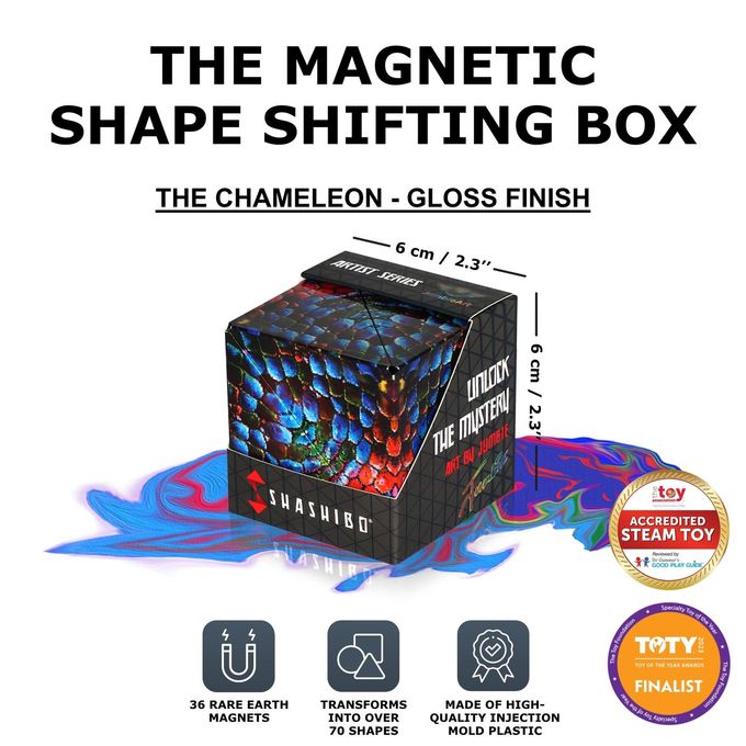 SHASHIBO Shape Shifting Box Award-Winning, Patented Fidget Cube w/ 36 Rare Earth Magnets Transforms Into Over 70 Shapes, Download Fun in Motion Toys Mobile App (Artist Series The Chameleon) - Image 2
