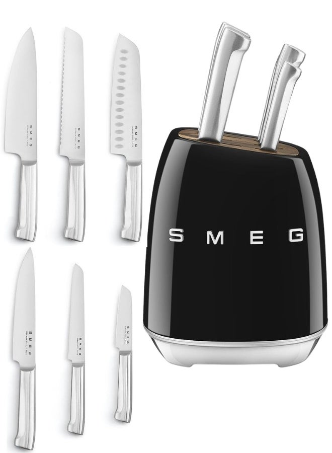 سميج طقم سكاكين SMEG بتصميم الخمسينيات مع حامل، 6 قطع، ستانلس ستيل ألماني، أسود - Image 1