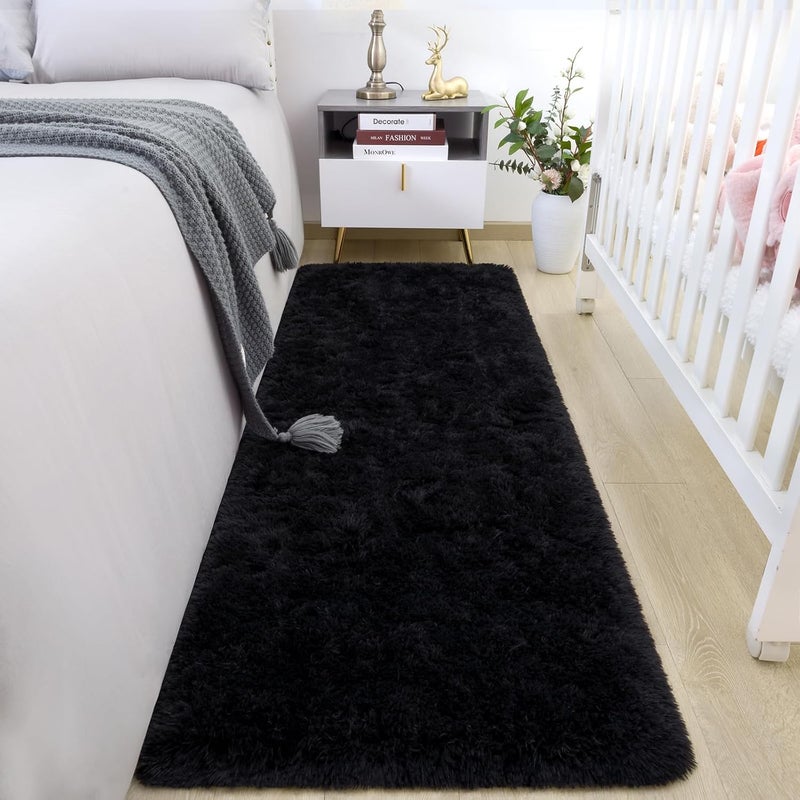 HOMORE Runner Rug 2x6 Black Rug for Bedroom, Fluffy Runner Rugs for Hallway Living Room, Non Slip Rugs for Indoor Entrance Memory Foam Carpet for Kids Room Dorm - Image 1