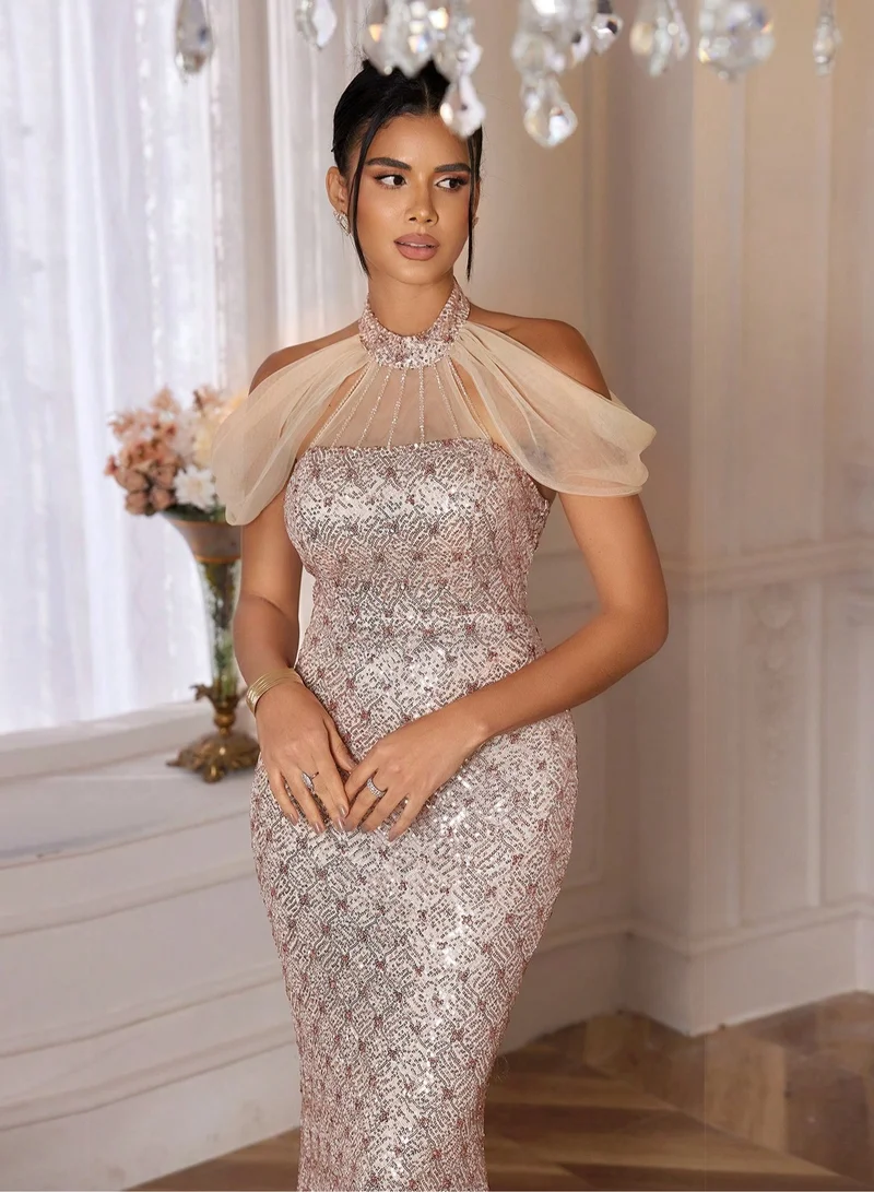 Madam Uniq Sequin Halter - Neck Tulle - Accent Mermaid Evening Gown
