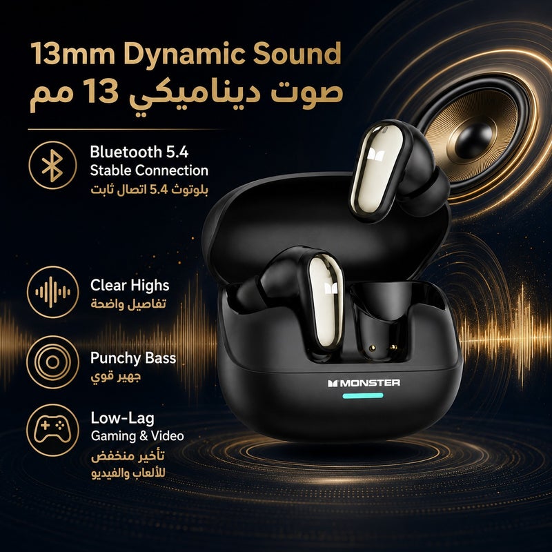 Monster MQT52 TWS Wireless Earbuds, Bluetooth 5.4, ENC Noise Cancelling for Calls, 13mm Dynamic Driver, Ultra-Light 4.4g In-Ear Headphones, 24H Total Playtime with Charging Case, Type-C Fast Charge, Deep Bass Earbuds for Sports & Daily Use - Image 3