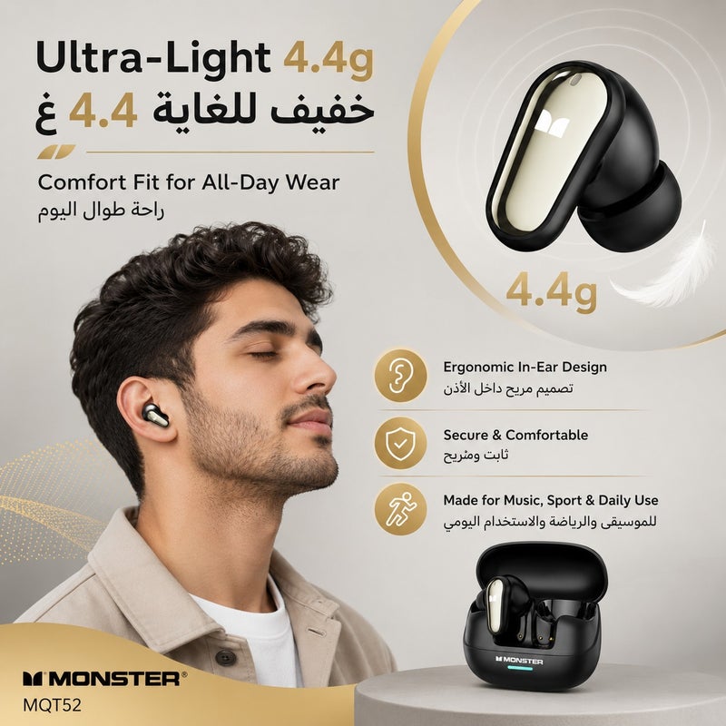 Monster MQT52 TWS Wireless Earbuds, Bluetooth 5.4, ENC Noise Cancelling for Calls, 13mm Dynamic Driver, Ultra-Light 4.4g In-Ear Headphones, 24H Total Playtime with Charging Case, Type-C Fast Charge, Deep Bass Earbuds for Sports & Daily Use - Image 2