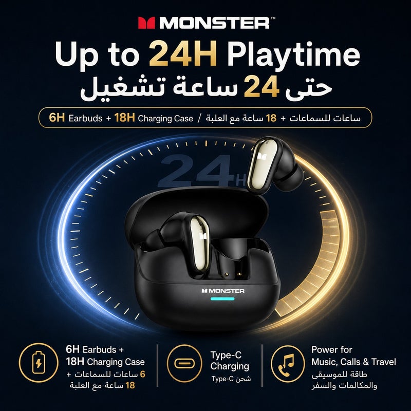 Monster MQT52 TWS Wireless Earbuds, Bluetooth 5.4, ENC Noise Cancelling for Calls, 13mm Dynamic Driver, Ultra-Light 4.4g In-Ear Headphones, 24H Total Playtime with Charging Case, Type-C Fast Charge, Deep Bass Earbuds for Sports & Daily Use - Image 5