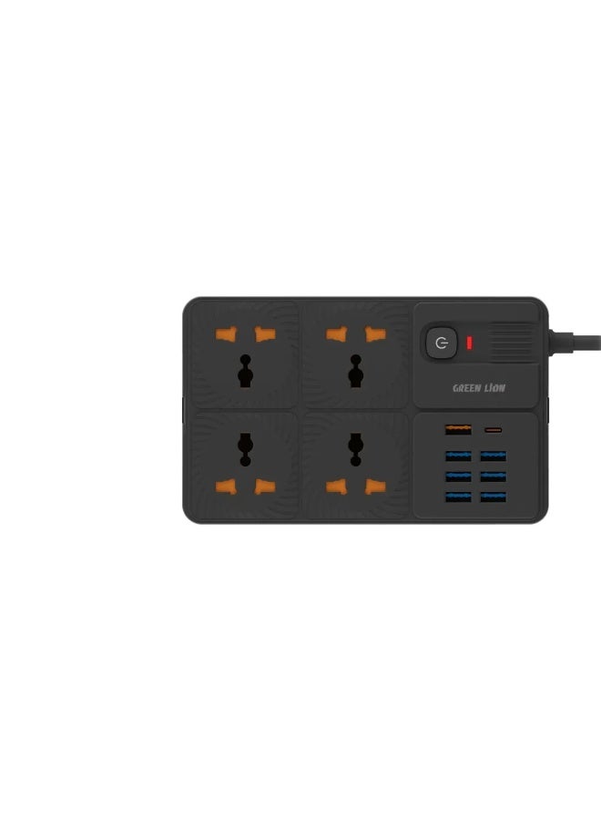 GREEN LION Power Socket GL-PS8A Model 4 AC Socket + 7 USB-A + 1 USB-C 3250W / ABS Cover Material / UK Socket / Power Button / 2M Cable Length for TV / PC / Home Cinema / Router / Video Games / Insight Printer / USB-C (PD-20W) / UK Plug with Fuse / 13A / 250V~ / 3250W Rated / Child Safe Design / 4 Safety Shutter Protection / 12 Devices Supports / Wall Mounting / Overload Protection - Black - Image 2